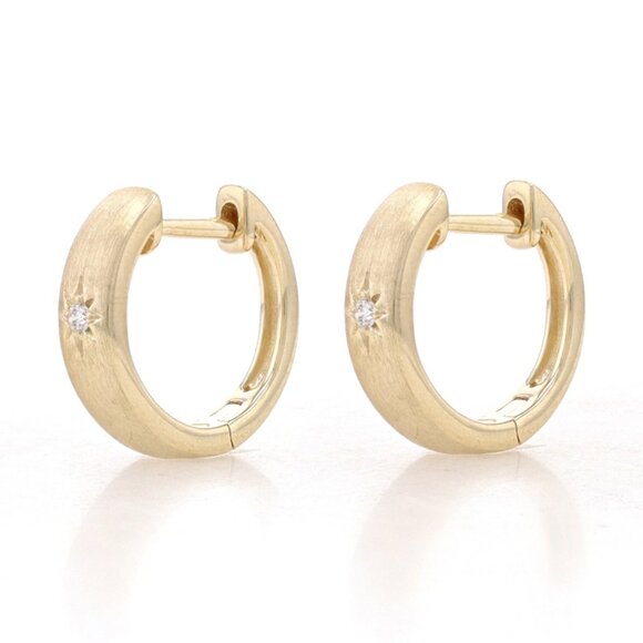 Yellow Gold Diamond Starburst Huggie Hoop Earrings - 14k Round Brushed Pierced